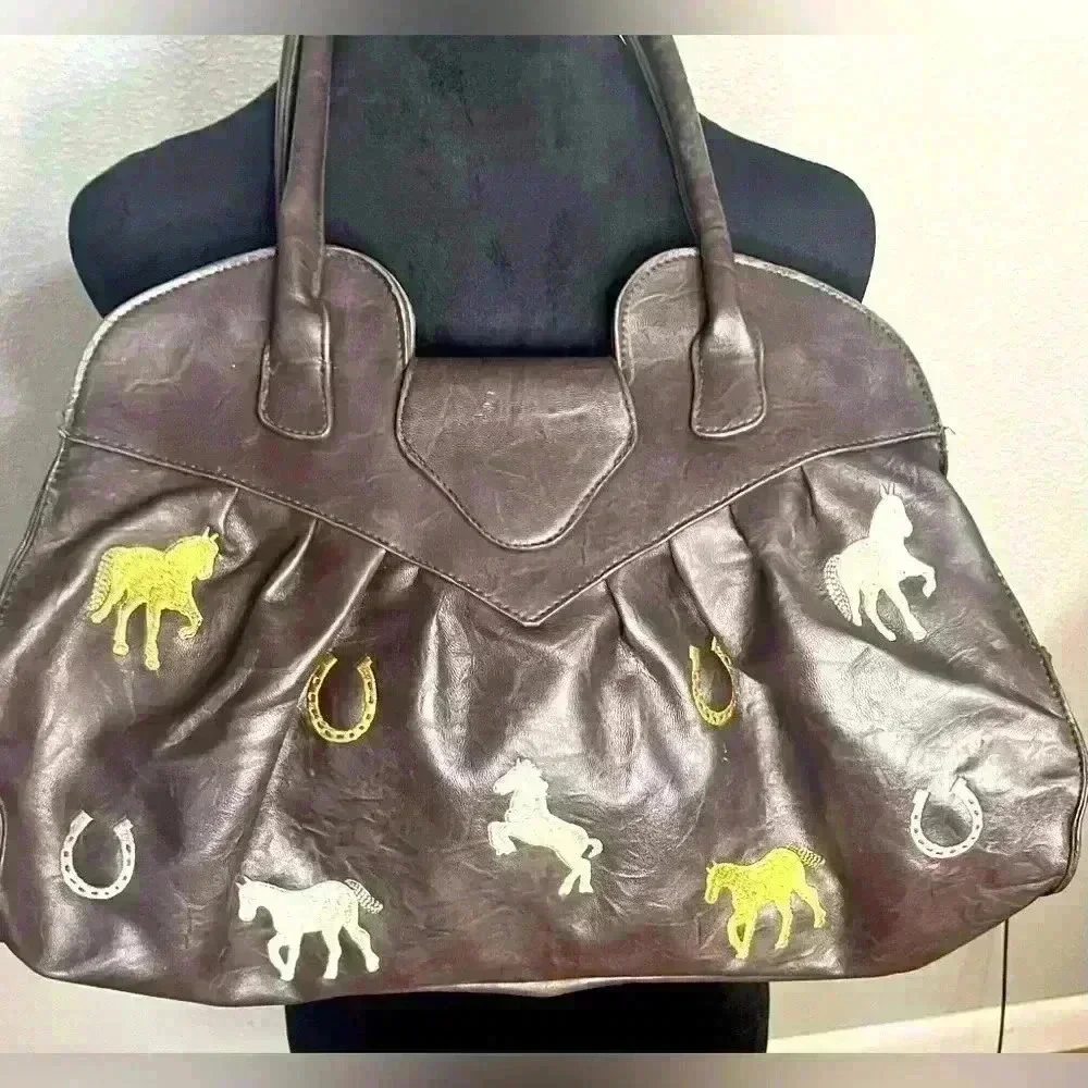 Rare Vintage Brown Leather  Braciano Satchel Purse With Embroidered Horses